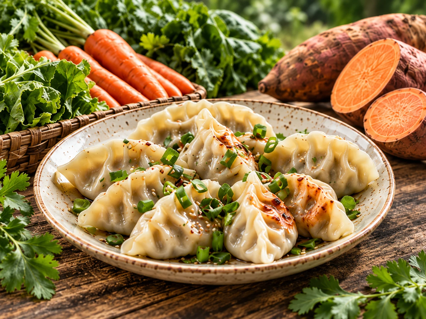 Our food vision: a plate of dumplings with fresh herbs and vegetables